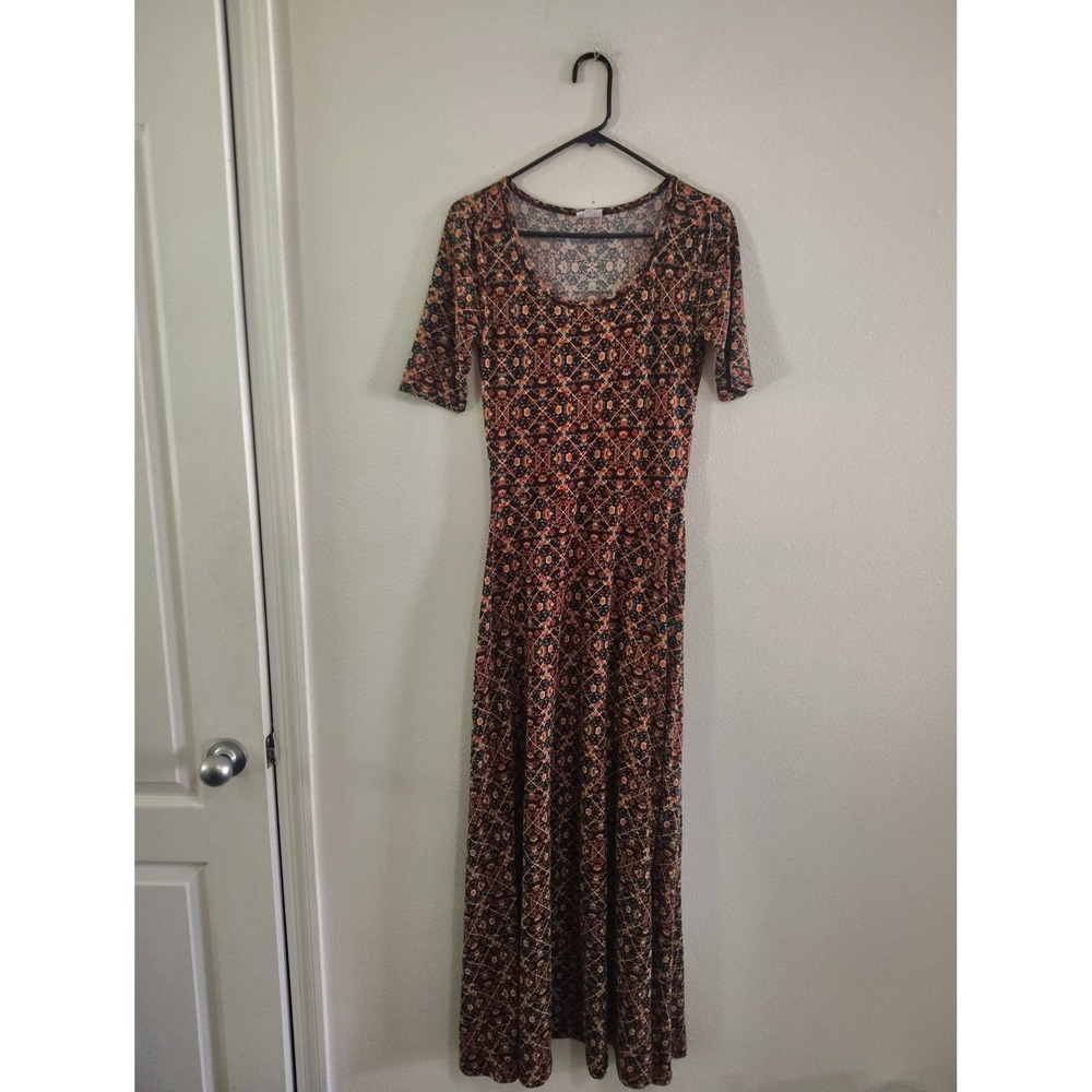 LuLaRoe Ana Maxi Dress Womens Small Orange Blue Floral Geometric Scoop Neck S